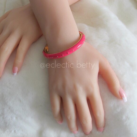 "Preema" Hinge Bangle Bracelet Coral Pink Gold Enamel - Picture 4 of 7